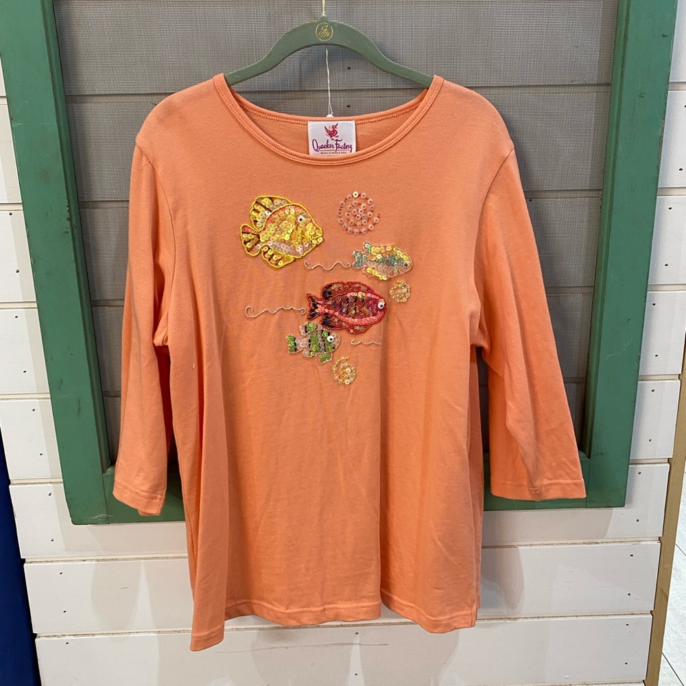 Quacker Factory Coral 3/4 Sleeve Top with Sequin Fish